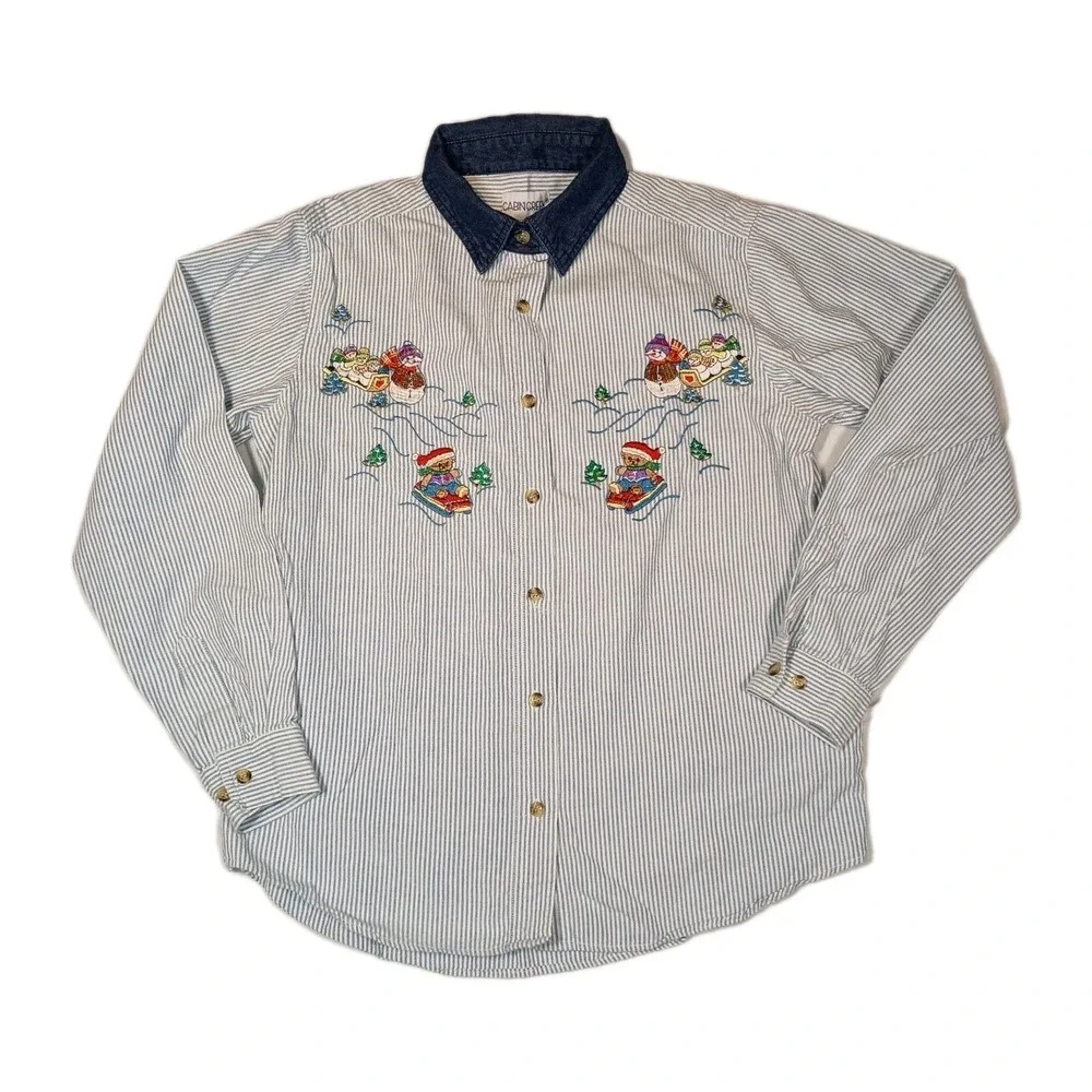 VTG Denim Winter Christmas Snowman Bear Embroidered Button Up Shirt‎ Sz S 90s - Picture 2 of 8